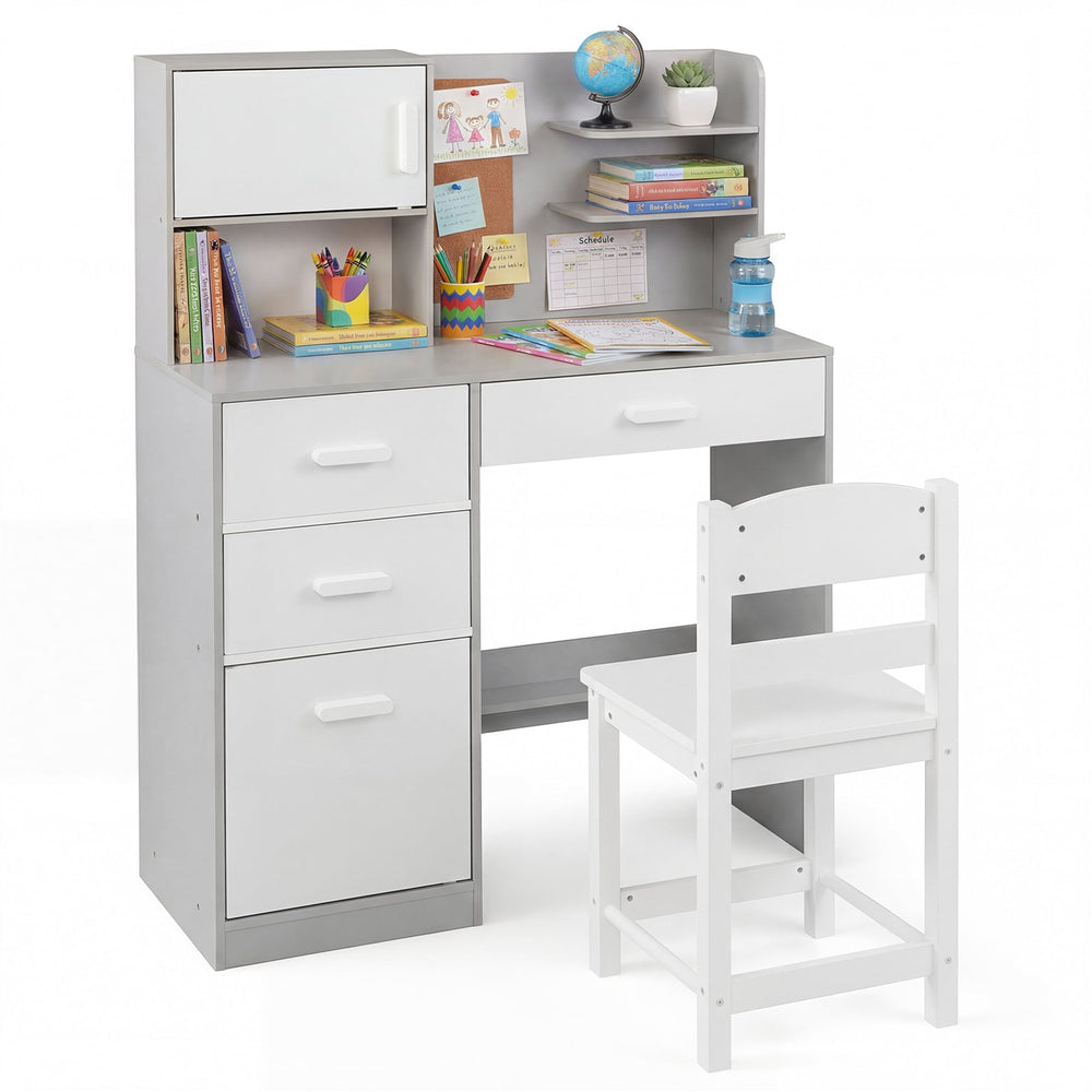 Kids Desk and Chair Set Study Table with Hutch Bulletin Board 3 Drawers-Grey