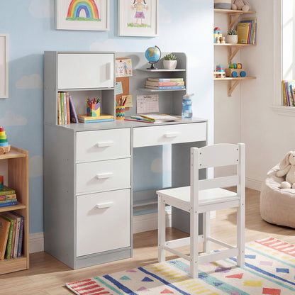 Kids Desk and Chair Set Study Table with Hutch Bulletin Board 3 Drawers-Grey