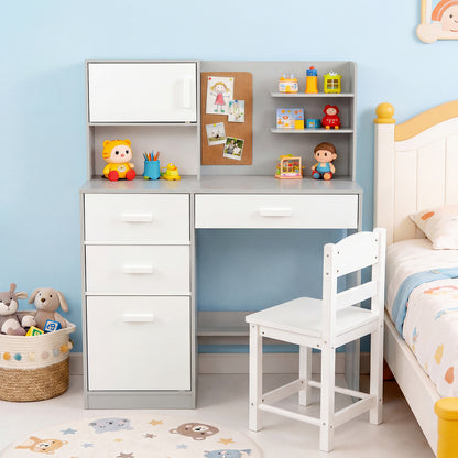 Kids Desk and Chair Set Study Table with Hutch Bulletin Board 3 Drawers-Grey