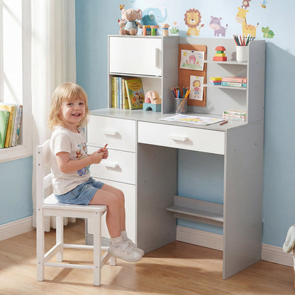 Kids Desk and Chair Set Study Table with Hutch Bulletin Board 3 Drawers-Grey