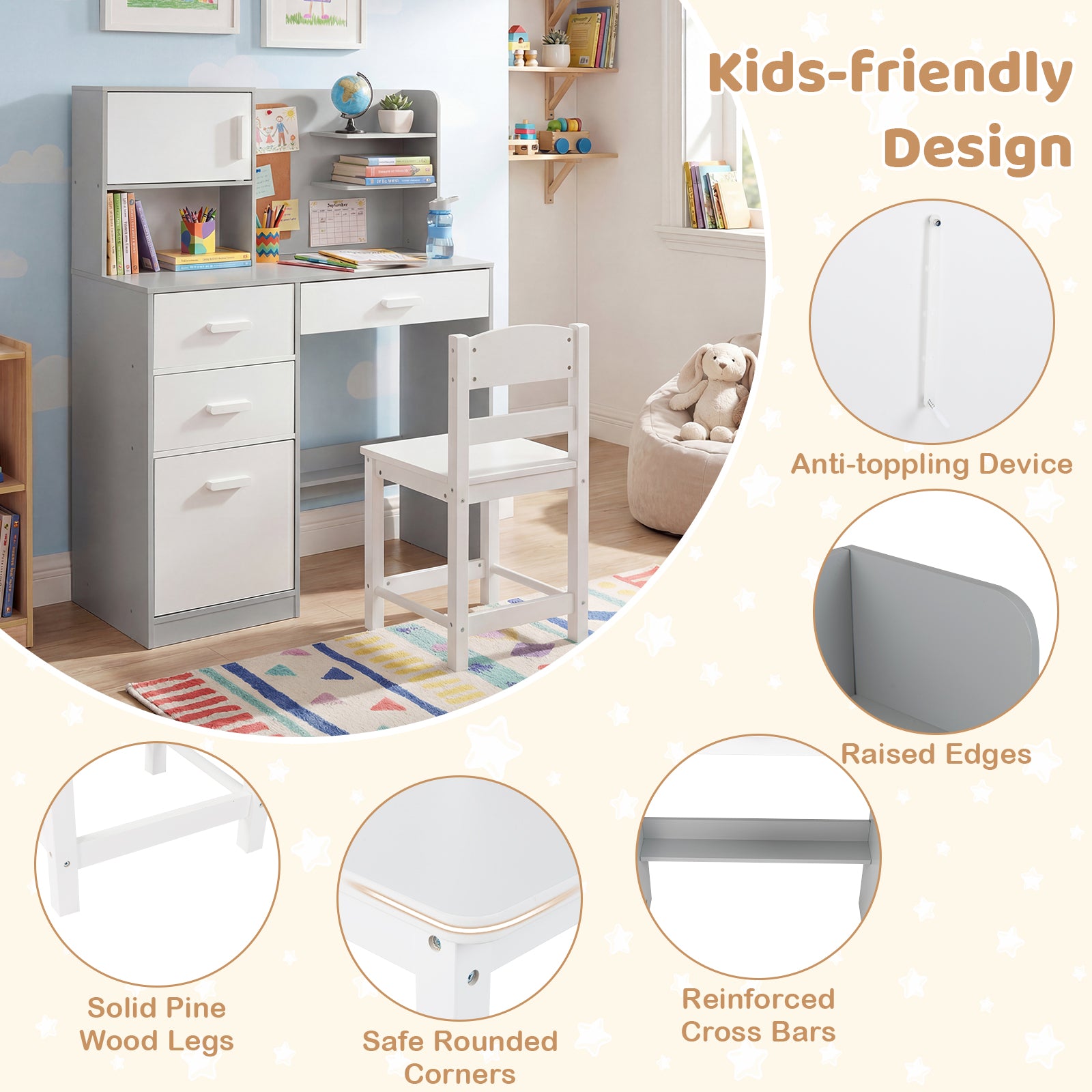Kids Desk and Chair Set Study Table with Hutch Bulletin Board 3 Drawers-Grey