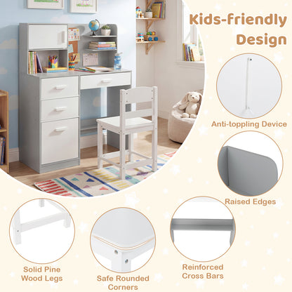 Kids Desk and Chair Set Study Table with Hutch Bulletin Board 3 Drawers-Grey