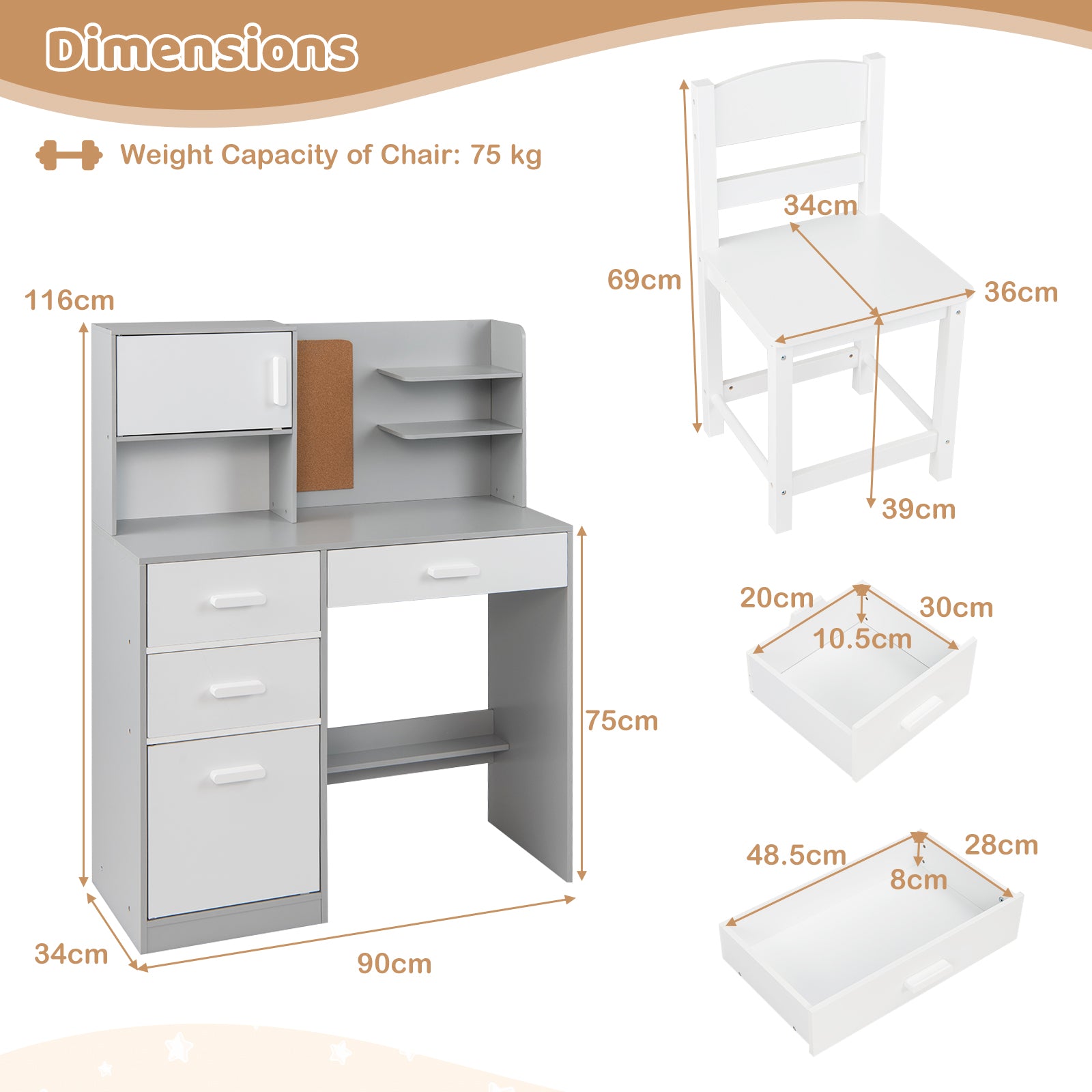 Kids Desk and Chair Set Study Table with Hutch Bulletin Board 3 Drawers-Grey