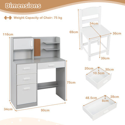 Kids Desk and Chair Set Study Table with Hutch Bulletin Board 3 Drawers-Grey