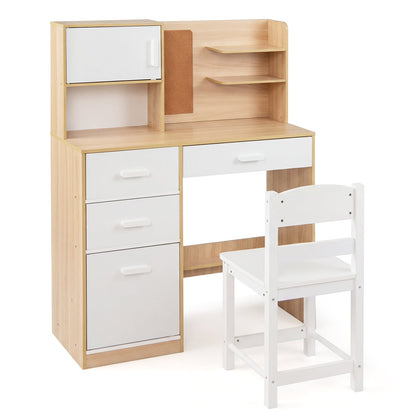 Kids Desk and Chair Set Study Table with Hutch Bulletin Board 3 Drawers-Natural