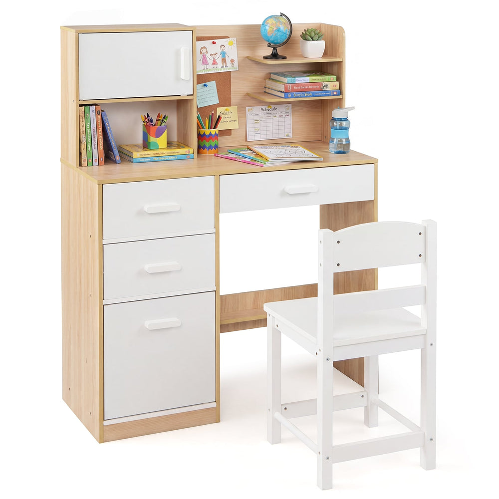 Kids Desk and Chair Set Study Table with Hutch Bulletin Board 3 Drawers-Natural