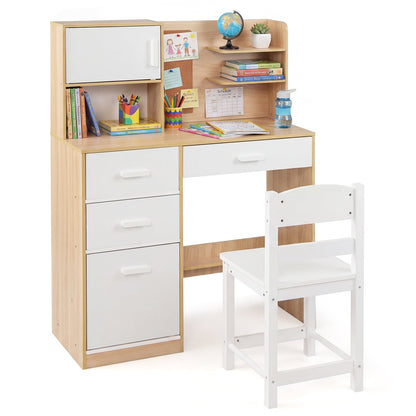 Kids Desk and Chair Set Study Table with Hutch Bulletin Board 3 Drawers-Natural