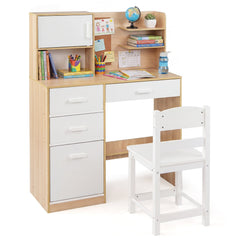 Kids Desk and Chair Set Study Table with Hutch Bulletin Board 3 Drawers-Natural