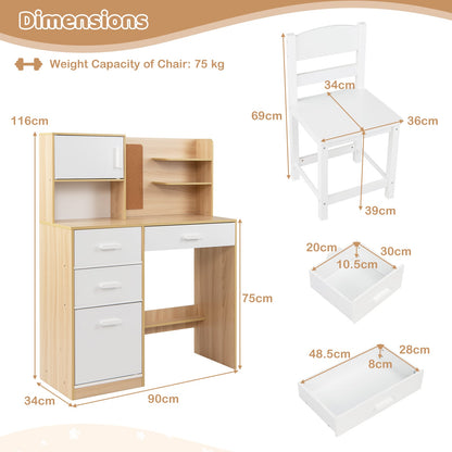 Kids Desk and Chair Set Study Table with Hutch Bulletin Board 3 Drawers-Natural