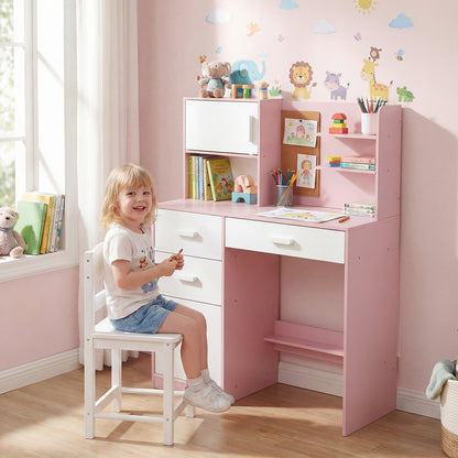 Kids Desk and Chair Set Study Table with Hutch Bulletin Board 3 Drawers-Pink