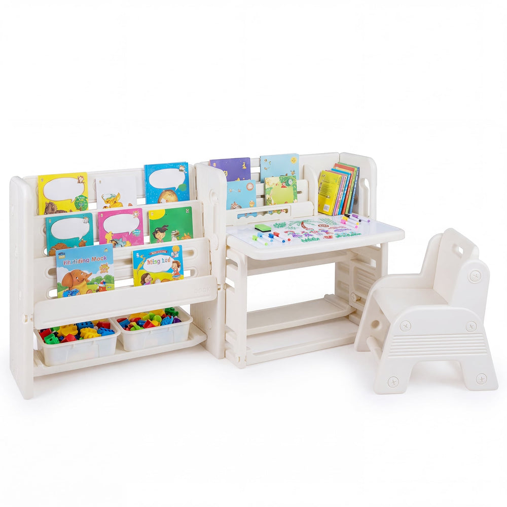 Kids Desk and Chair Set with Side Bookshelves and Whiteboard-Beige