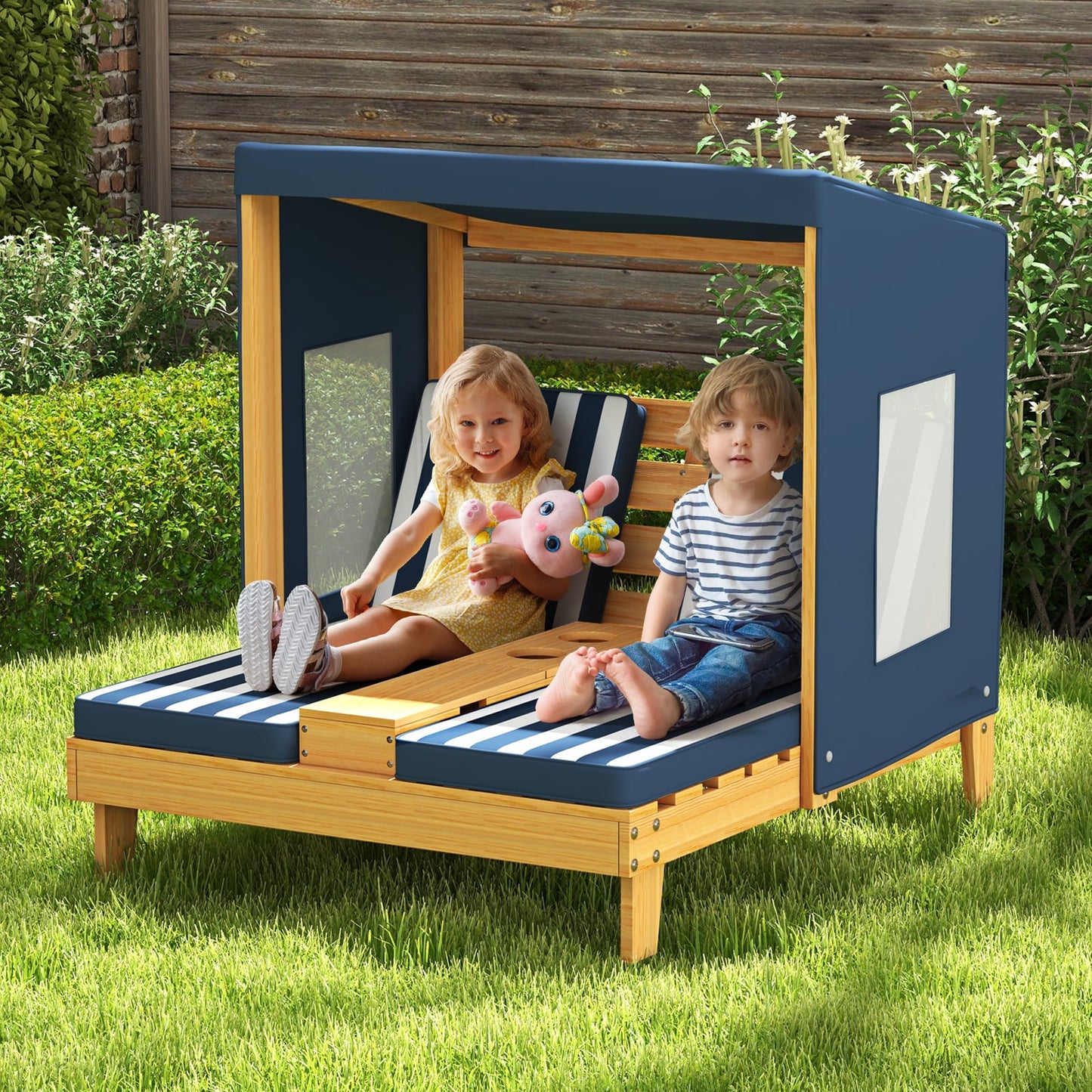 Kids Double Chaise Lounge with Cup Holders 2 Seats Patio Lounge Chair with Awning-Blue