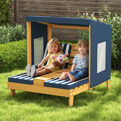 Kids Double Chaise Lounge with Cup Holders 2 Seats Patio Lounge Chair with Awning-Blue