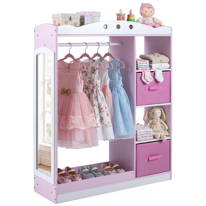 Kids Dress Up Storage with Full Length Mirror and Open Shelves-Pink
