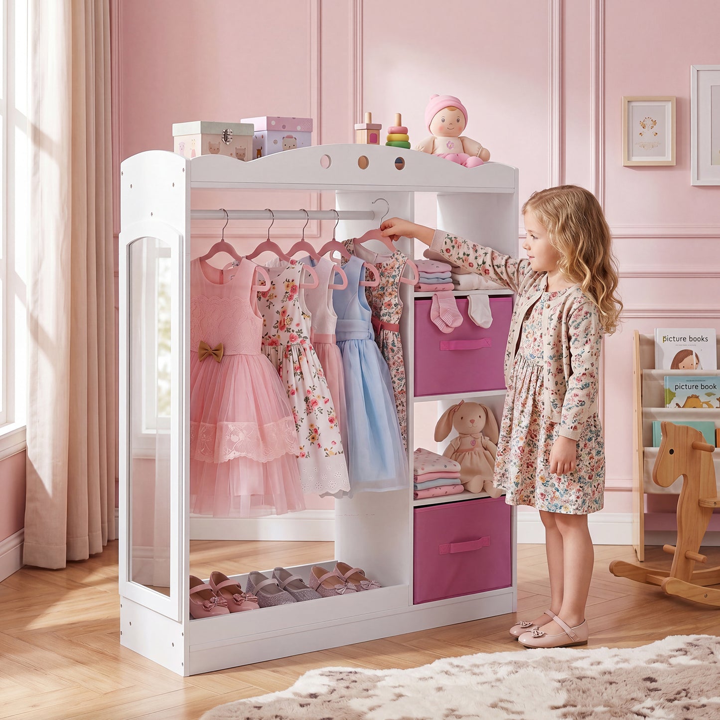 Kids Dress Up Storage with Full Length Mirror and Open Shelves-White