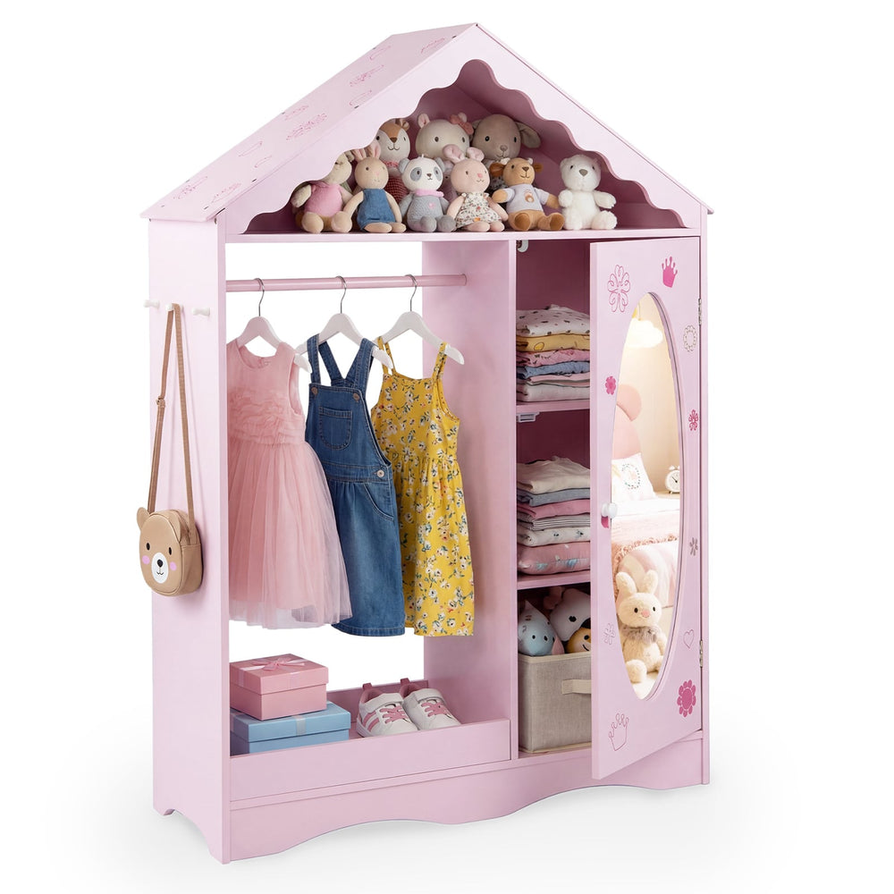 Kids Dress Up Storage with Mirror Roofed Wardrobe Closet with Open Hanging Rack-Pink