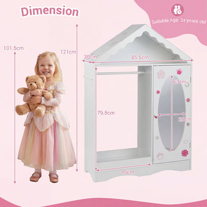 Kids Dress Up Storage with Mirror Roofed Wardrobe Closet with Open Hanging Rack-White