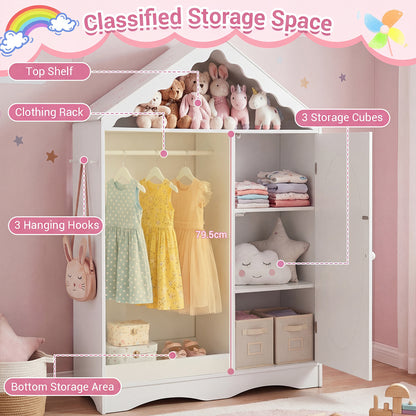 Kids Dress Up Storage with Mirror Roofed Wardrobe Closet with Open Hanging Rack-White