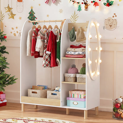 Kids Dress Up Storage with Mirror and Lights and Open Hanging Wardrobe Closet Armoire with Shelves and Hooks for Children-Natural