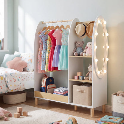 Kids Dress Up Storage with Mirror and Lights and Open Hanging Wardrobe Closet Armoire with Shelves and Hooks for Children-Natural