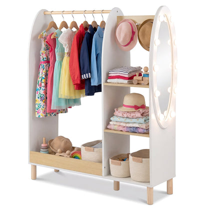 Kids Dress Up Storage with Mirror and Lights and Open Hanging Wardrobe Closet Armoire with Shelves and Hooks for Children-Natural