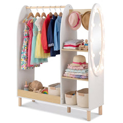 Kids Dress Up Storage with Mirror and Lights and Open Hanging Wardrobe Closet Armoire with Shelves and Hooks for Children-Natural