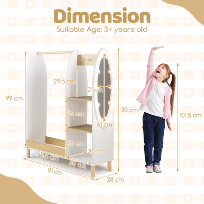 Kids Dress Up Storage with Mirror and Lights and Open Hanging Wardrobe Closet Armoire with Shelves and Hooks for Children-Natural