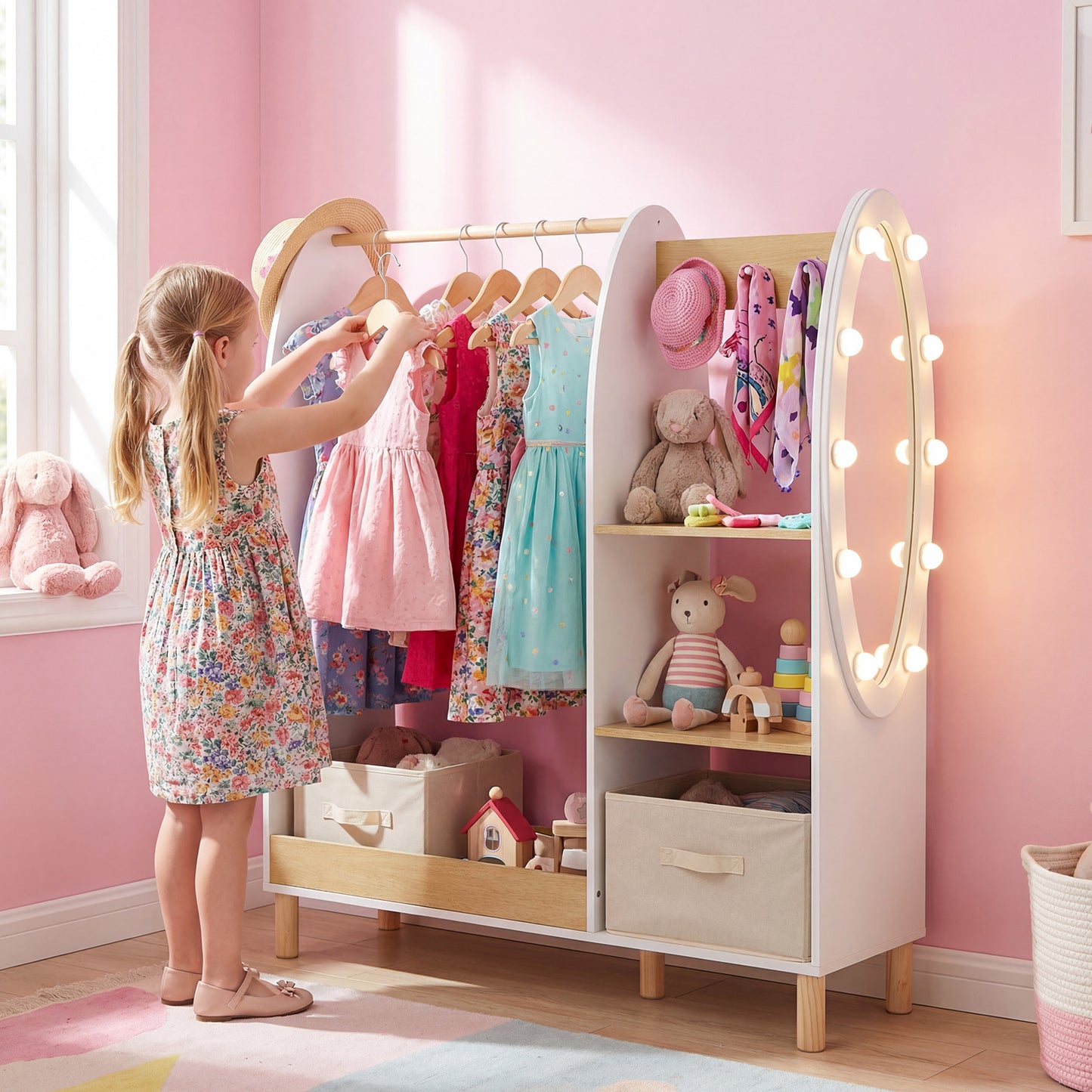 Kids Dress Up Storage with Mirror and Lights and Open Hanging Wardrobe Closet Armoire with Shelves and Hooks for Children-Natural