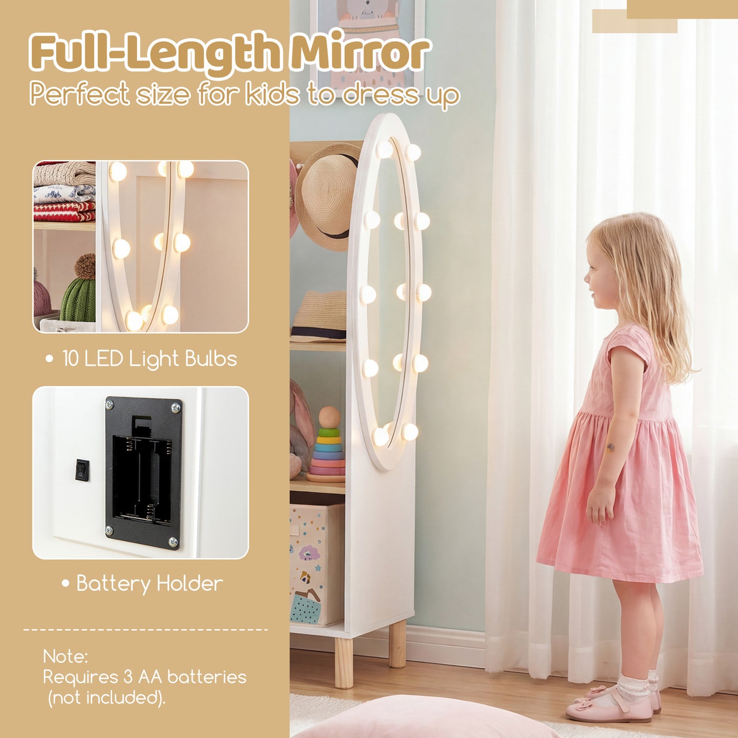 Kids Dress Up Storage with Mirror and Lights and Open Hanging Wardrobe Closet Armoire with Shelves and Hooks for Children-Natural