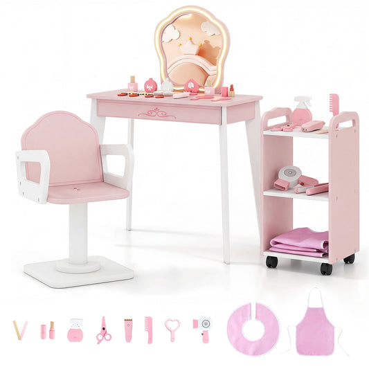 Kids Hair Salon Play Set with LED Lighted Mirror Wooden Pretend Hair Salon Station-Pink