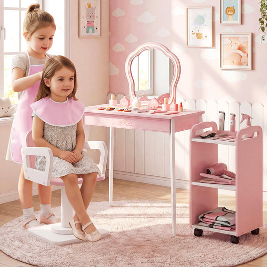 Kids Hair Salon Play Set with LED Lighted Mirror Wooden Pretend Hair Salon Station-Pink