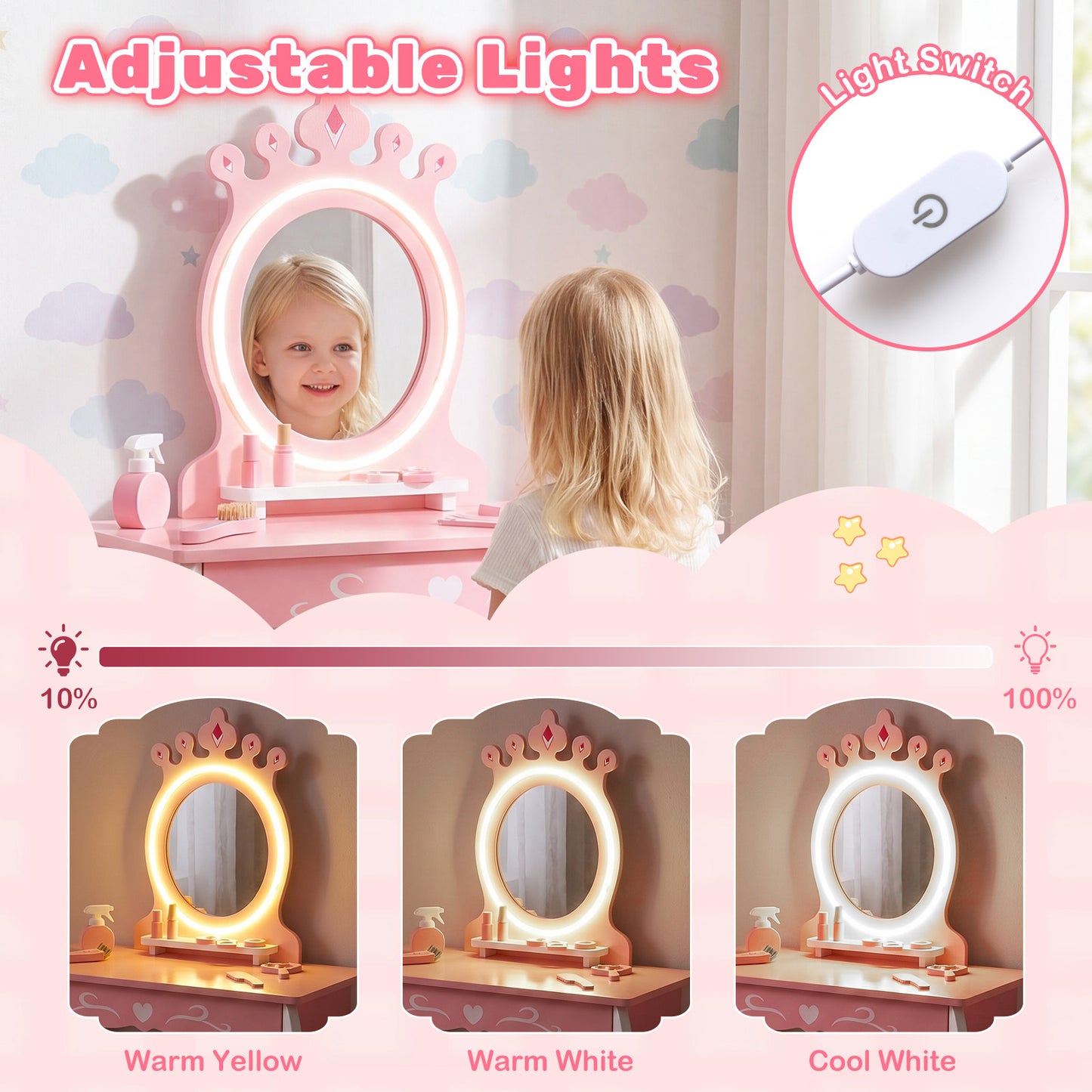 Kids Hair Salon Play Set with LED Lighted Mirror and Swivel Barber Chair-Pink