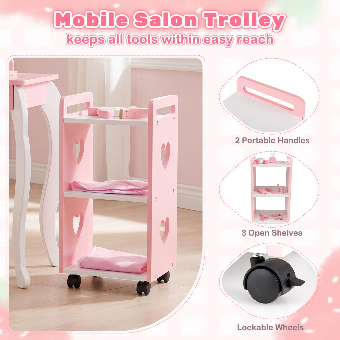 Kids Hair Salon Play Set with LED Lighted Mirror and Swivel Barber Chair-Pink