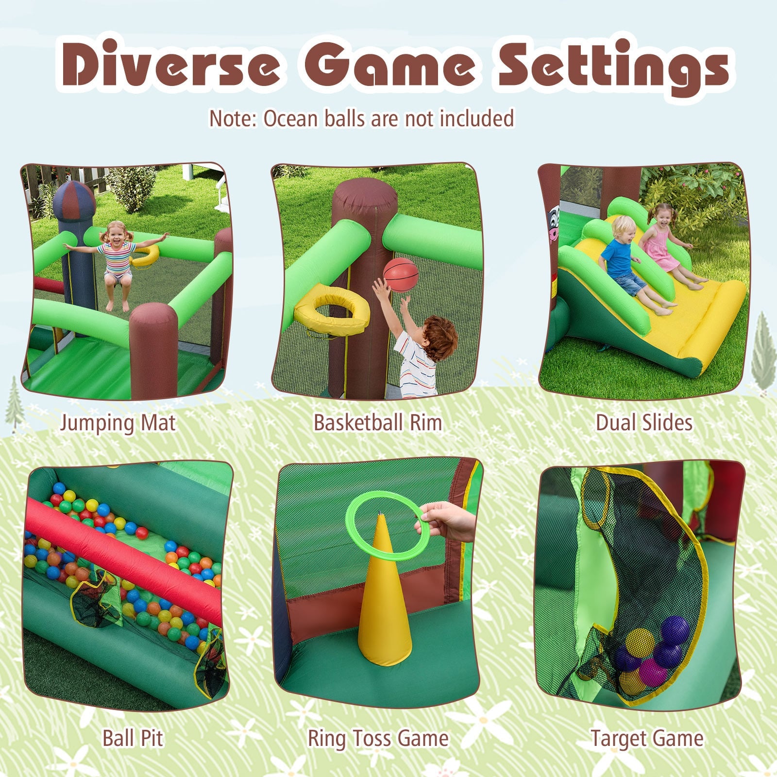Kids Inflatable Bounce House with Dual Slides and Ball Pit Farm-hemed with 680W Blower