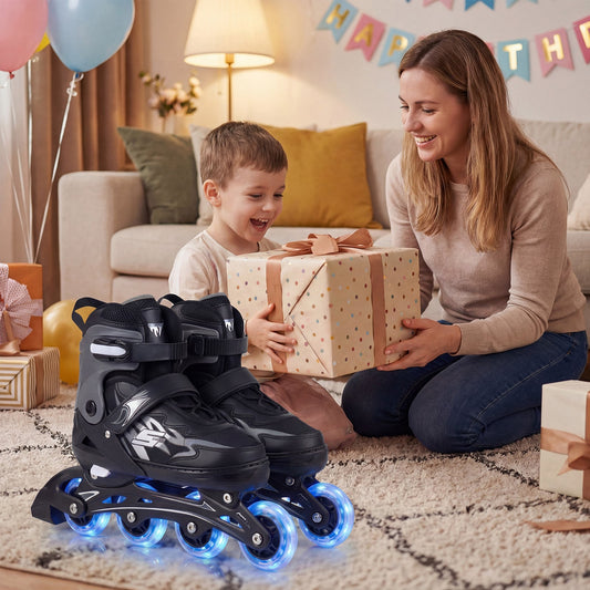 Kids Inline Skates 4 Sizes Adjustable Light-Up Roller Skates for Boys and Girls Ages 7-9-Grey