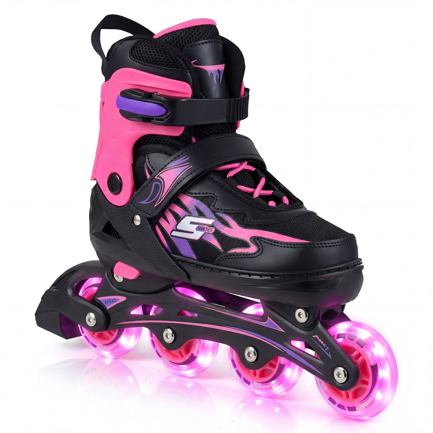 Kids Inline Skates 4 Sizes Adjustable Light-Up Roller Skates for Boys and Girls Ages 7-9-Pink