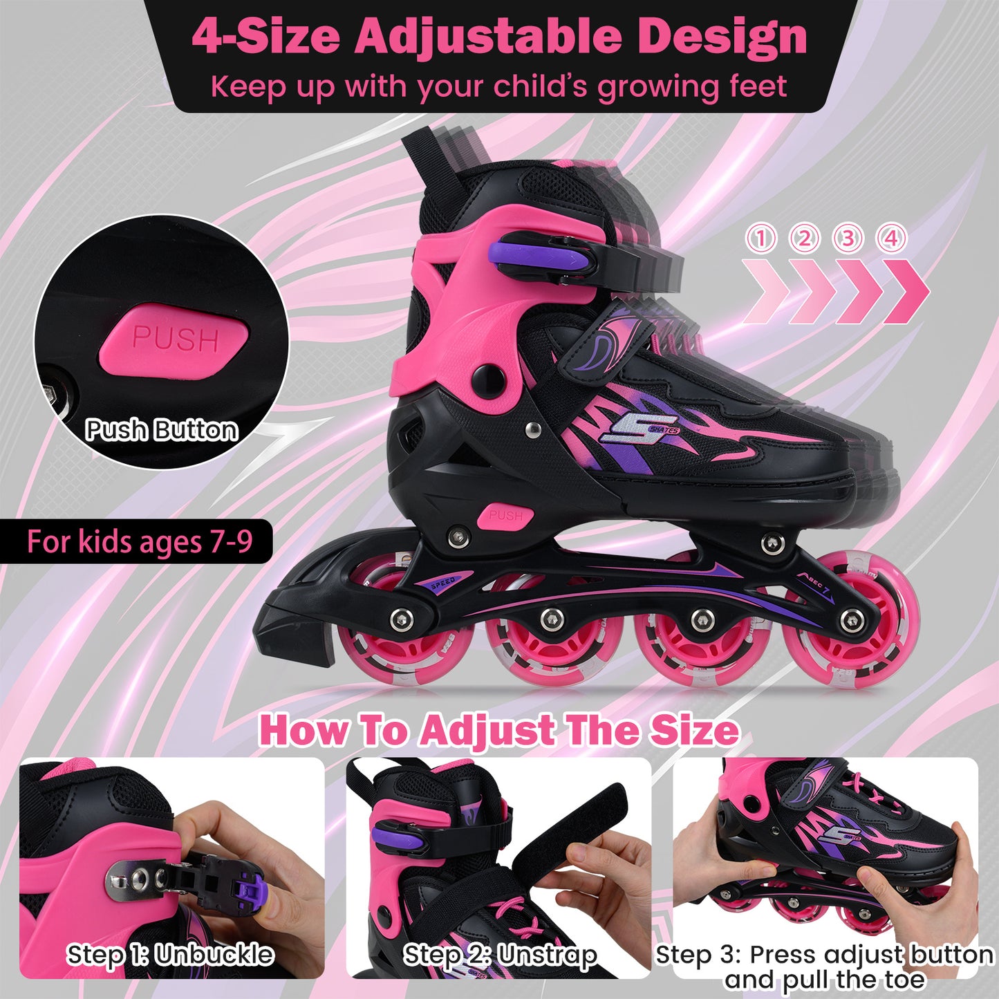Kids Inline Skates 4 Sizes Adjustable Light-Up Roller Skates for Boys and Girls Ages 7-9-Pink