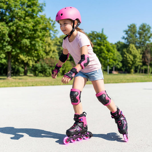 Kids Inline Skates 4 Sizes Adjustable Light-Up Roller Skates for Boys and Girls Ages 7-9-Pink