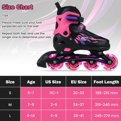 Kids Inline Skates 4 Sizes Adjustable Light-Up Roller Skates for Boys and Girls Ages 7-9-Pink