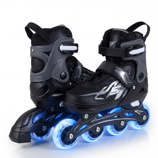 Kids Inline Skates 4 Sizes Adjustable Light-Up Roller Skates for Boys and Girls Ages 9-14-Grey