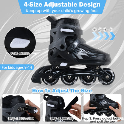 Kids Inline Skates 4 Sizes Adjustable Light-Up Roller Skates for Boys and Girls Ages 9-14-Grey
