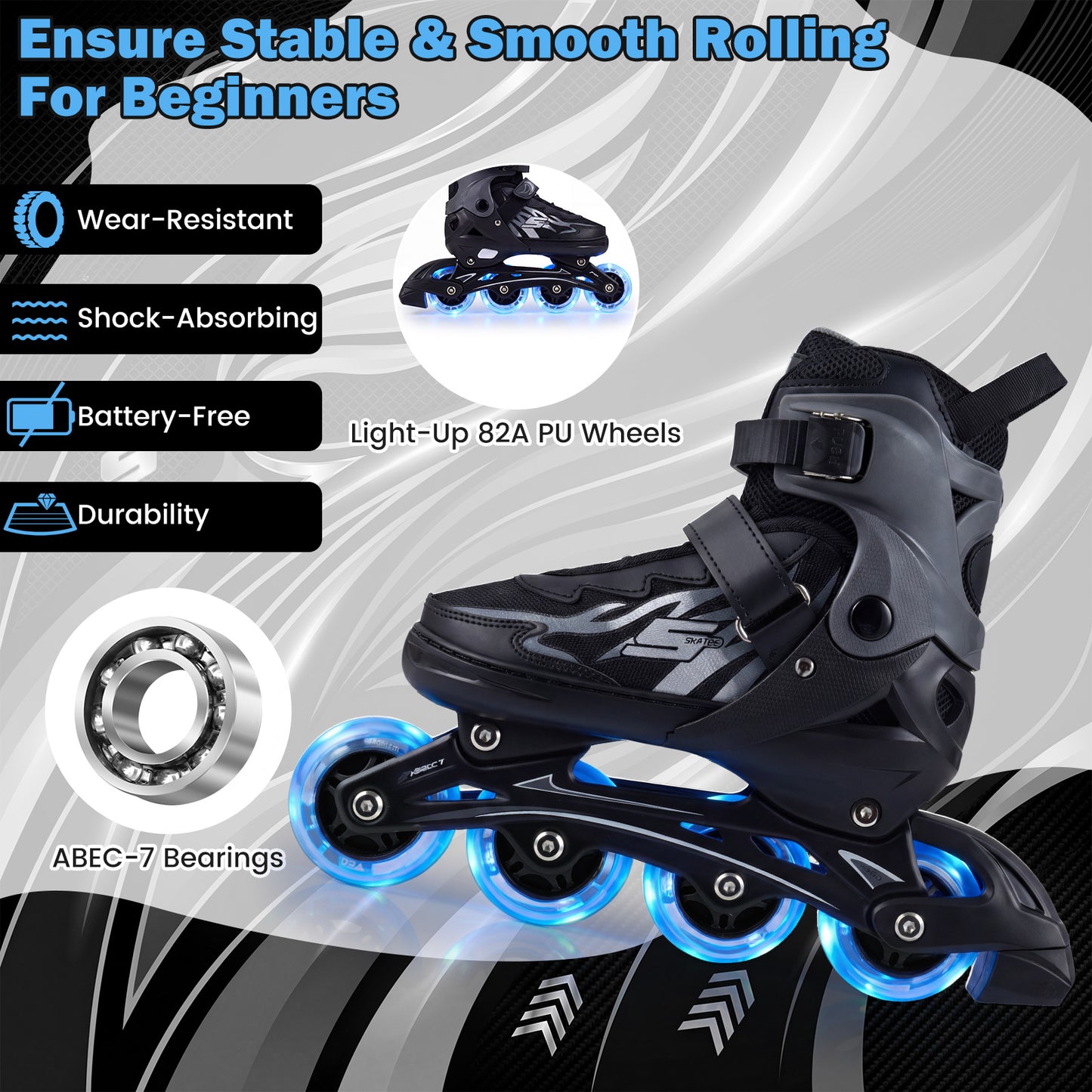 Kids Inline Skates 4 Sizes Adjustable Light-Up Roller Skates for Boys and Girls Ages 9-14-Grey