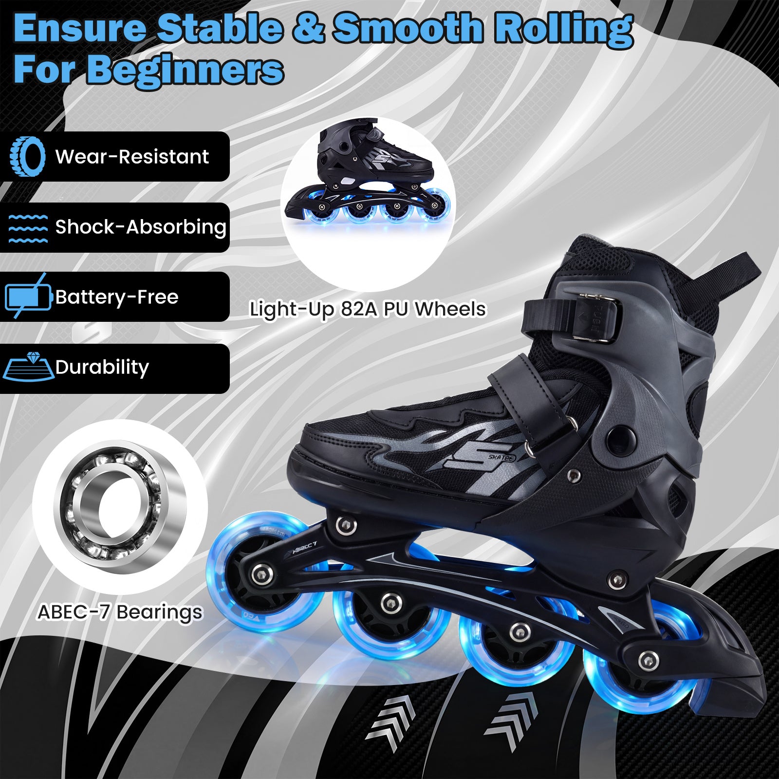 Kids Inline Skates 4 Sizes Adjustable Light-Up Roller Skates for Boys and Girls Ages 9-14-Grey