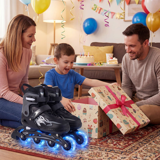Kids Inline Skates 4 Sizes Adjustable Light-Up Roller Skates for Boys and Girls Ages 9-14-Grey