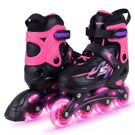 Kids Inline Skates 4 Sizes Adjustable Light-Up Roller Skates for Boys and Girls Ages 9-14-Pink