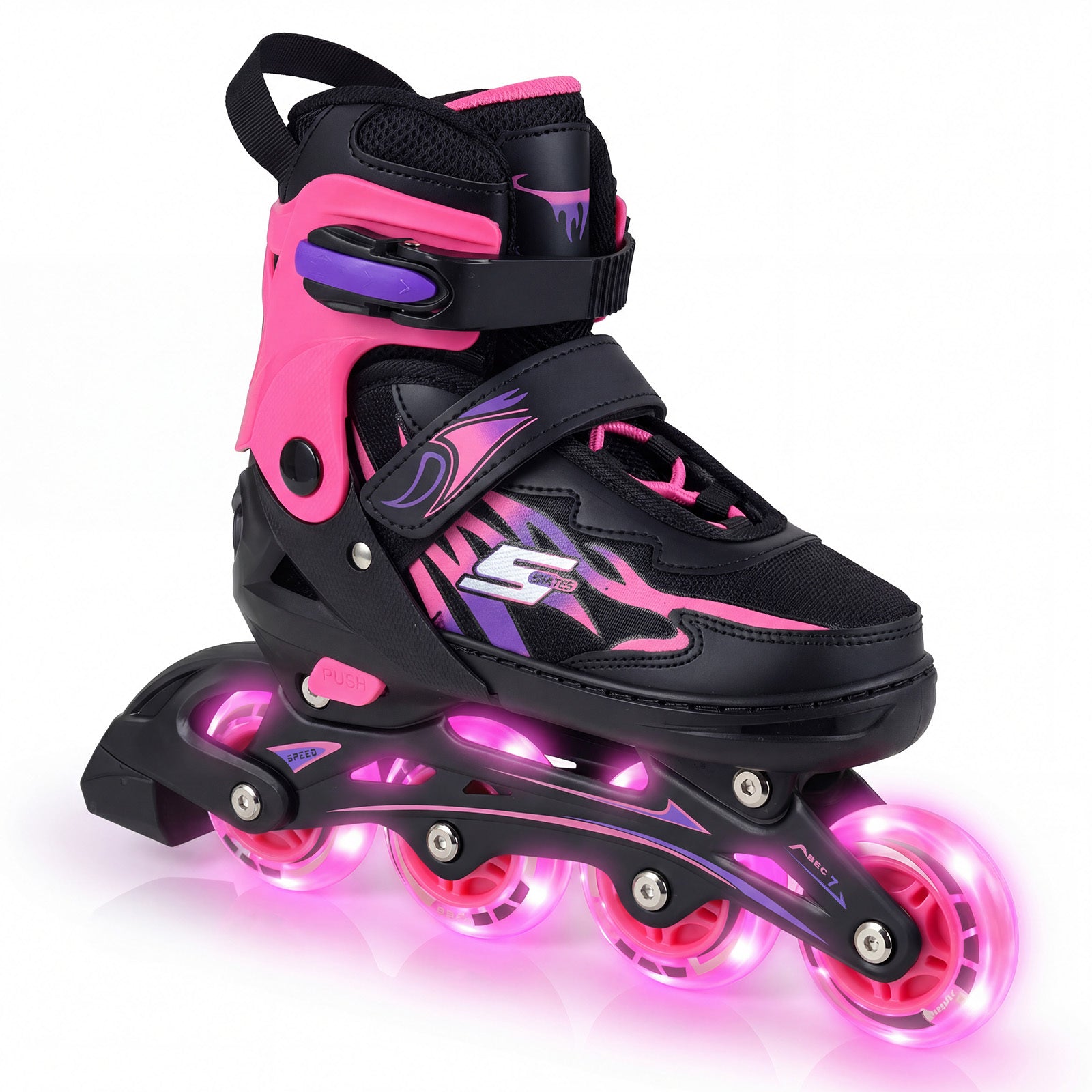 Kids Inline Skates 4 Sizes Adjustable Light-Up Roller Skates for Boys and Girls Ages 9-14-Pink