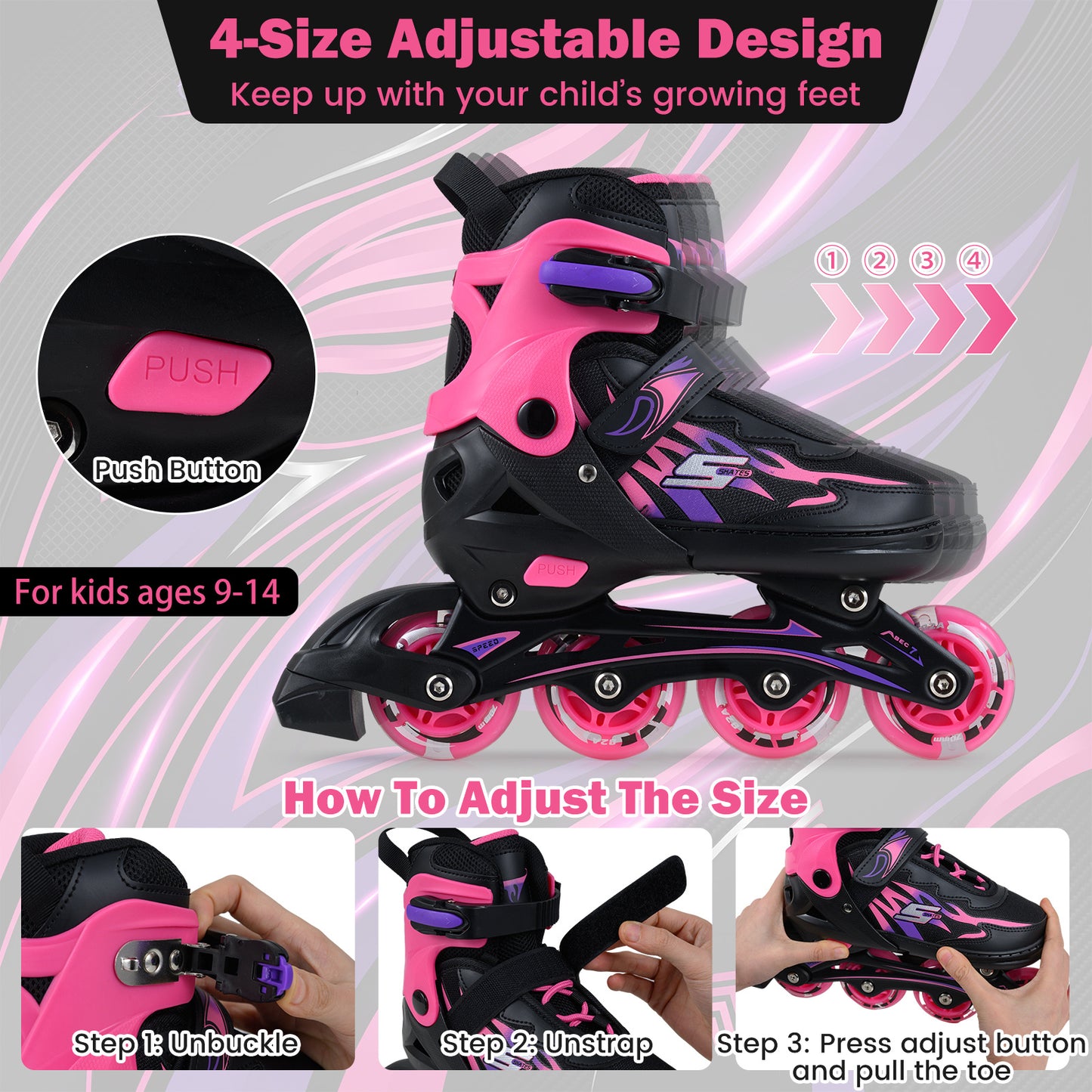 Kids Inline Skates 4 Sizes Adjustable Light-Up Roller Skates for Boys and Girls Ages 9-14-Pink