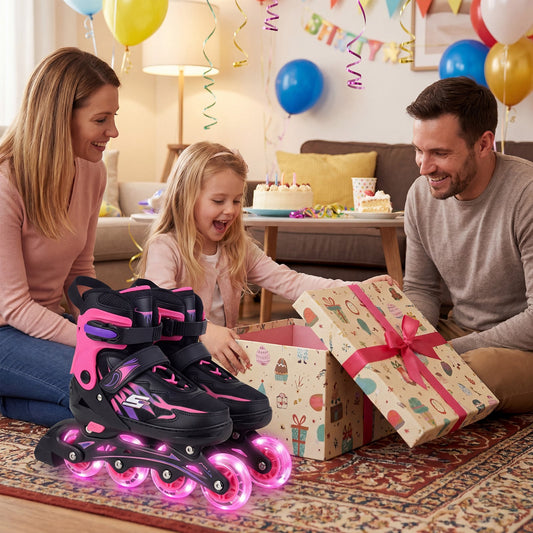 Kids Inline Skates 4 Sizes Adjustable Light-Up Roller Skates for Boys and Girls Ages 9-14-Pink