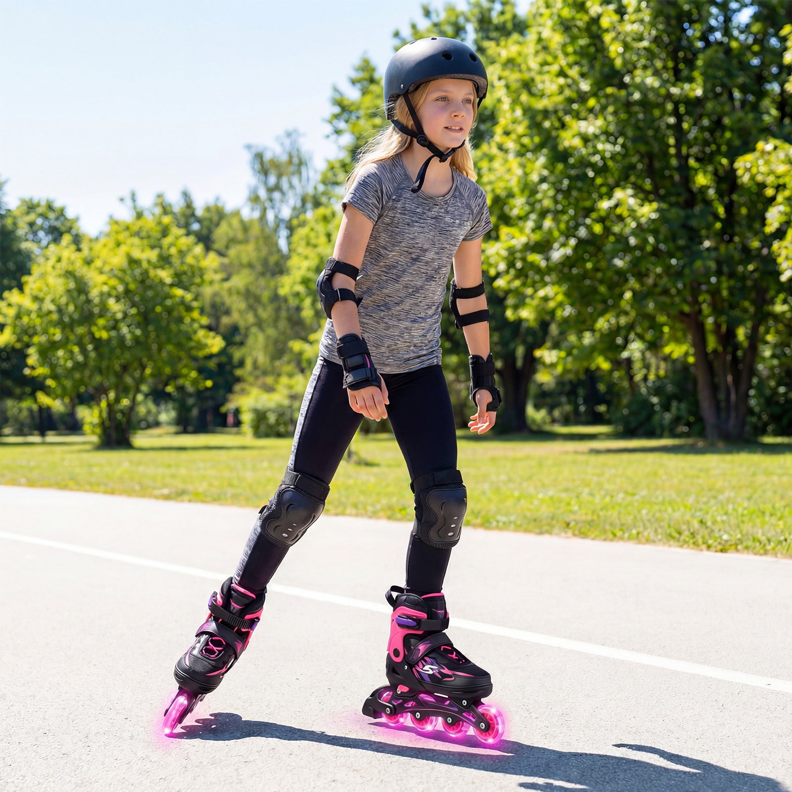 Kids Inline Skates 4 Sizes Adjustable Light-Up Roller Skates for Boys and Girls Ages 9-14-Pink
