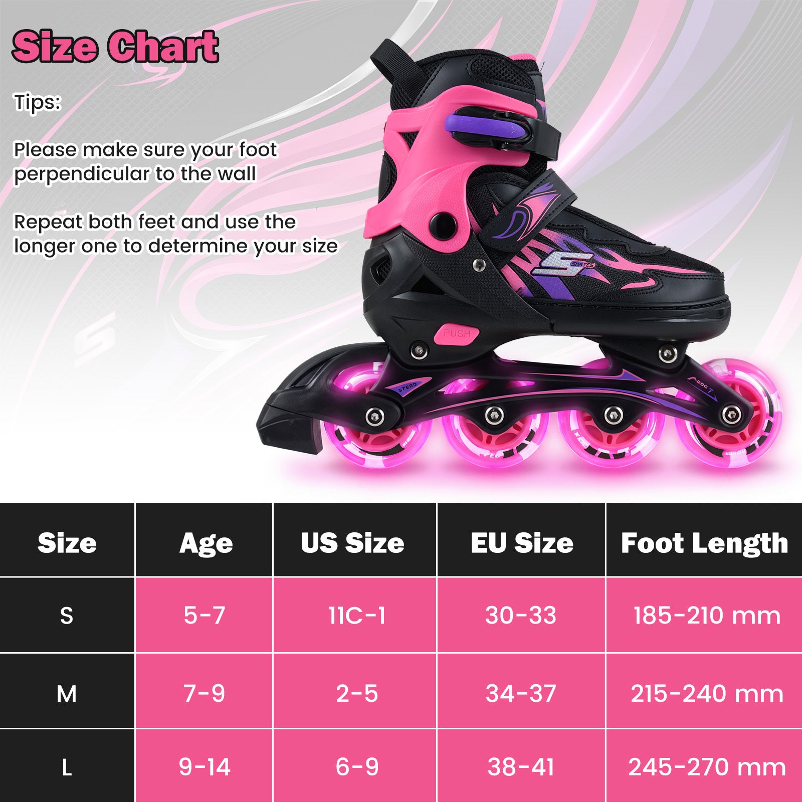 Kids Inline Skates 4 Sizes Adjustable Light-Up Roller Skates for Boys and Girls Ages 9-14-Pink